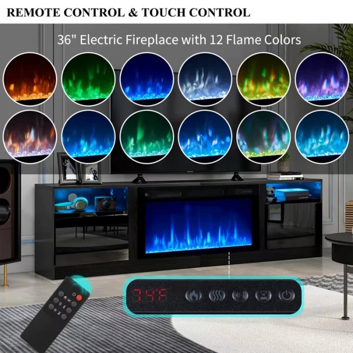 Wooden Classic Black Electric Fireplace TV Stand Midcentury TV Stands Multifunctional Durable TV Cabinet with LED Light