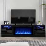 Wooden Classic Black Electric Fireplace TV Stand Midcentury TV Stands Multifunctional Durable TV Cabinet with LED Light