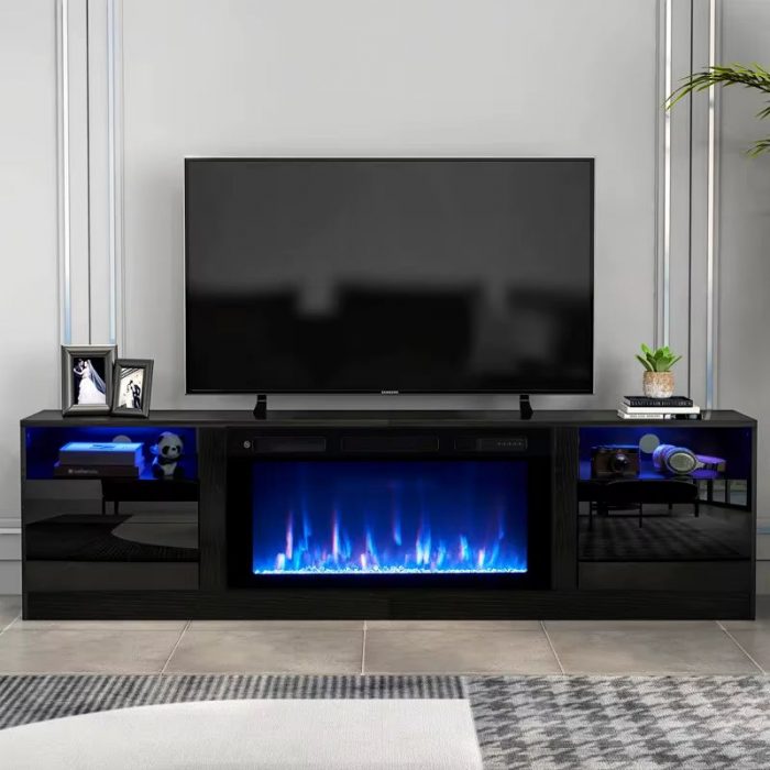 Wooden Classic Black Electric Fireplace TV Stand Midcentury TV Stands Multifunctional Durable TV Cabinet with LED Light