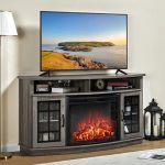 75-Inch Antique Design LED Electric Fireplace TV Stand Wood Panel Curved Cabinet Furniture for Home Living Room