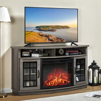 75-Inch Antique Design LED Electric Fireplace TV Stand Wood Panel Curved Cabinet Furniture for Home Living Room