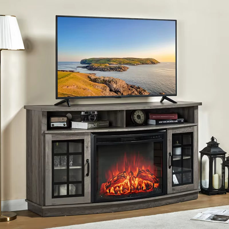 75-Inch Antique Design LED Electric Fireplace TV Stand Wood Panel Curved Cabinet Furniture for Home Living Room