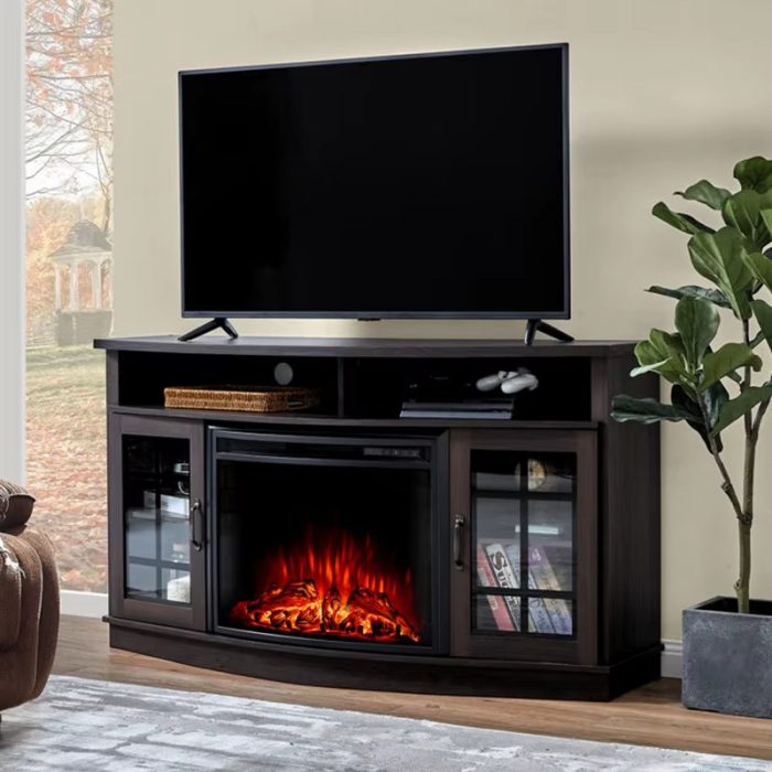75-Inch Antique Design LED Electric Fireplace TV Stand Wood Panel Curved Cabinet Furniture for Home Living Room