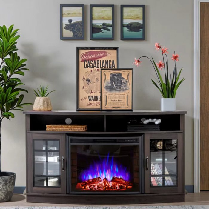 75-Inch Antique Design LED Electric Fireplace TV Stand Wood Panel Curved Cabinet Furniture for Home Living Room