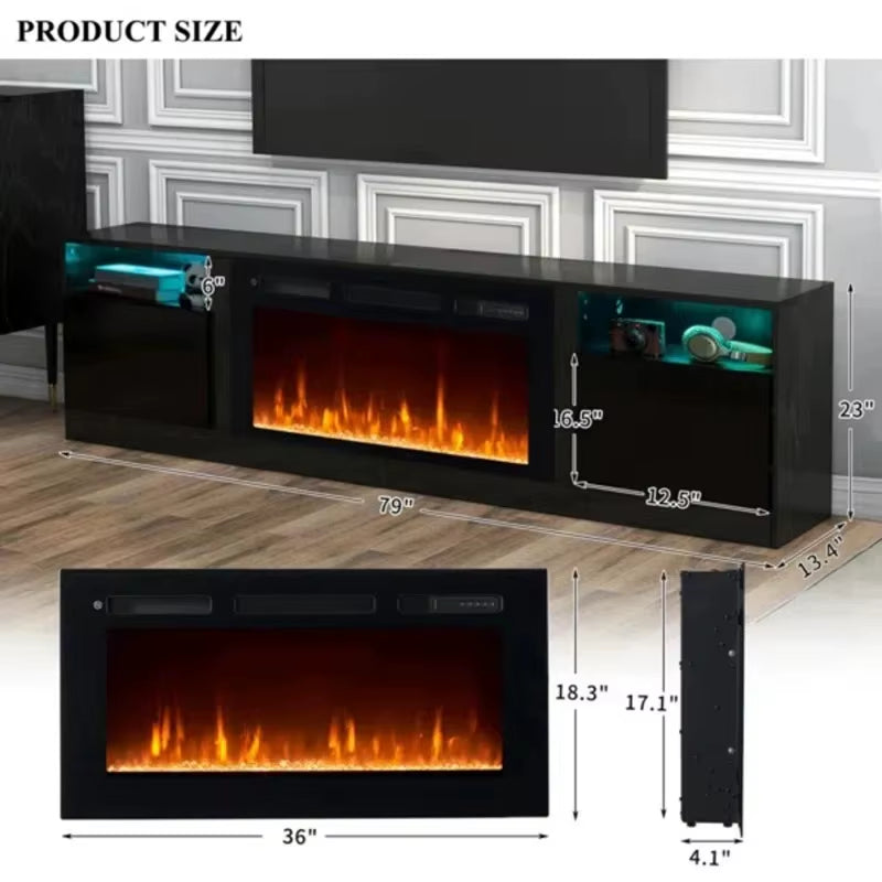 Wooden Classic Black Electric Fireplace TV Stand Midcentury TV Stands Multifunctional Durable TV Cabinet with LED Light