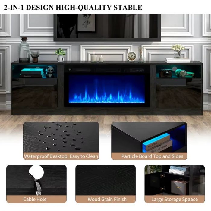 Wooden Classic Black Electric Fireplace TV Stand Midcentury TV Stands Multifunctional Durable TV Cabinet with LED Light