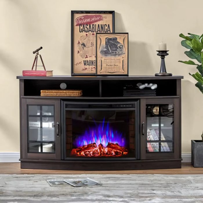 75-Inch Antique Design LED Electric Fireplace TV Stand Wood Panel Curved Cabinet Furniture for Home Living Room