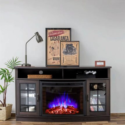 75-Inch Antique Design LED Electric Fireplace TV Stand Wood Panel Curved Cabinet Furniture for Home Living Room