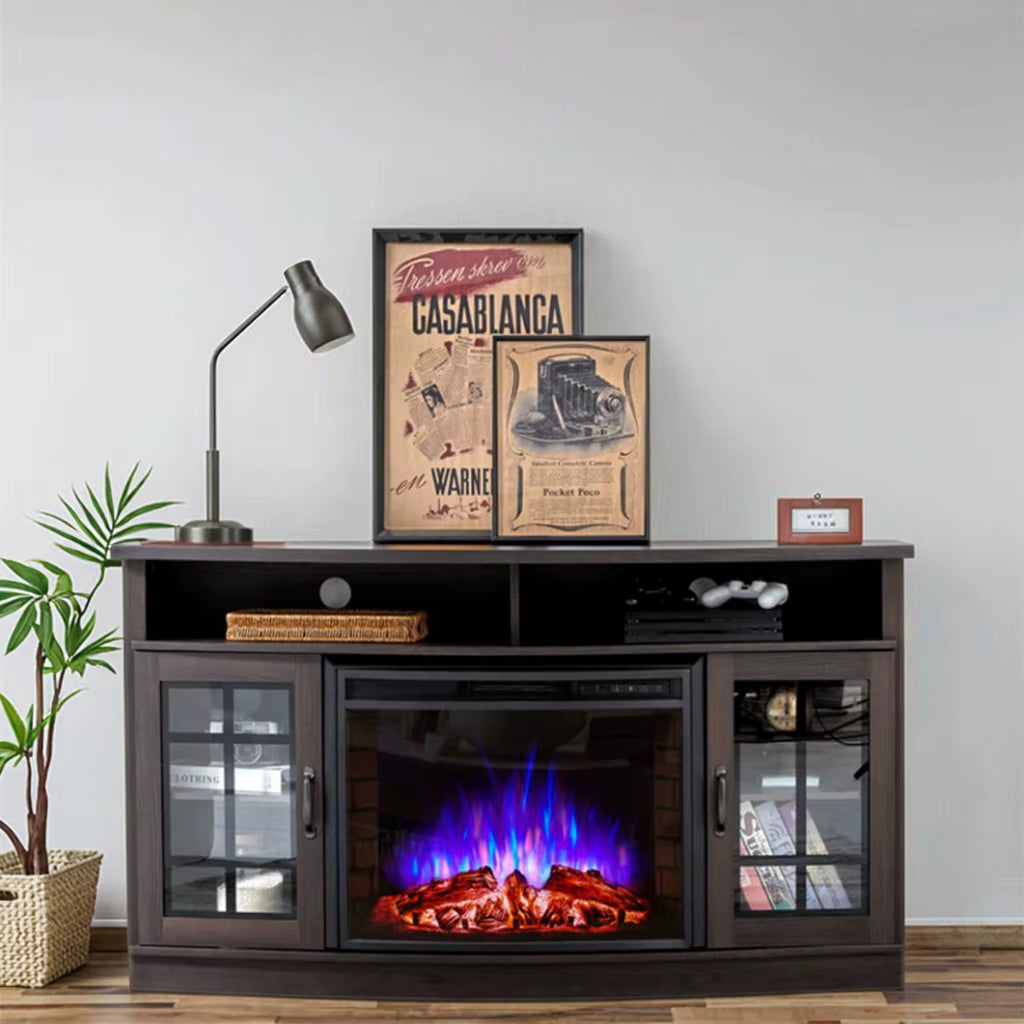 75-Inch Antique Design LED Electric Fireplace TV Stand Wood Panel Curved Cabinet Furniture for Home Living Room