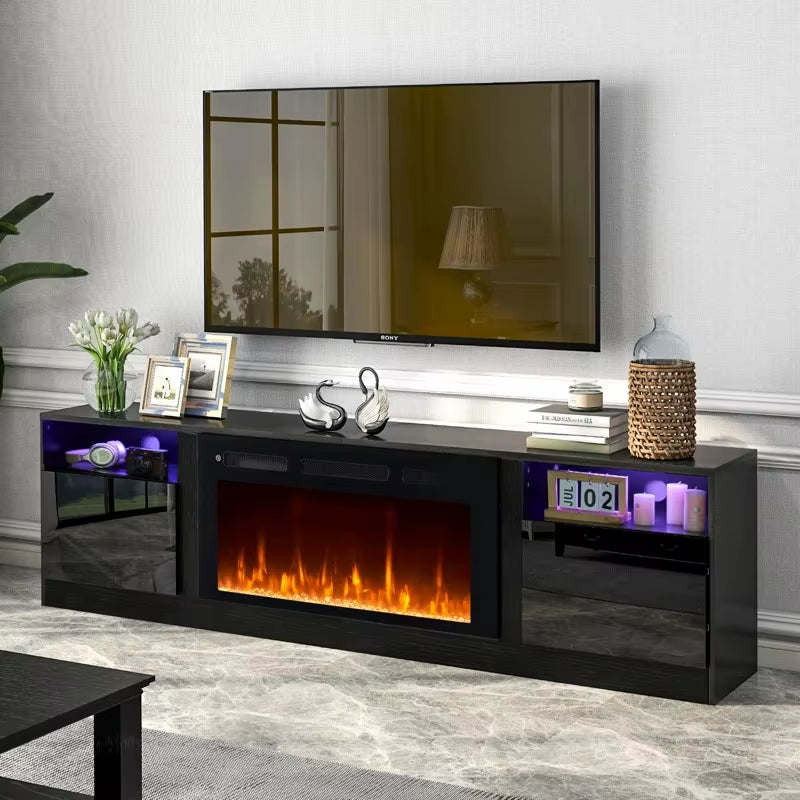 Wooden Classic Black Electric Fireplace TV Stand Midcentury TV Stands Multifunctional Durable TV Cabinet with LED Light